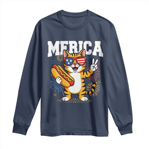 Merica Cat Long Sleeve Shirt Funny 4th of July Hot Dog and Fireworks Patriotic USA Flag TS02 Navy Print Your Wear