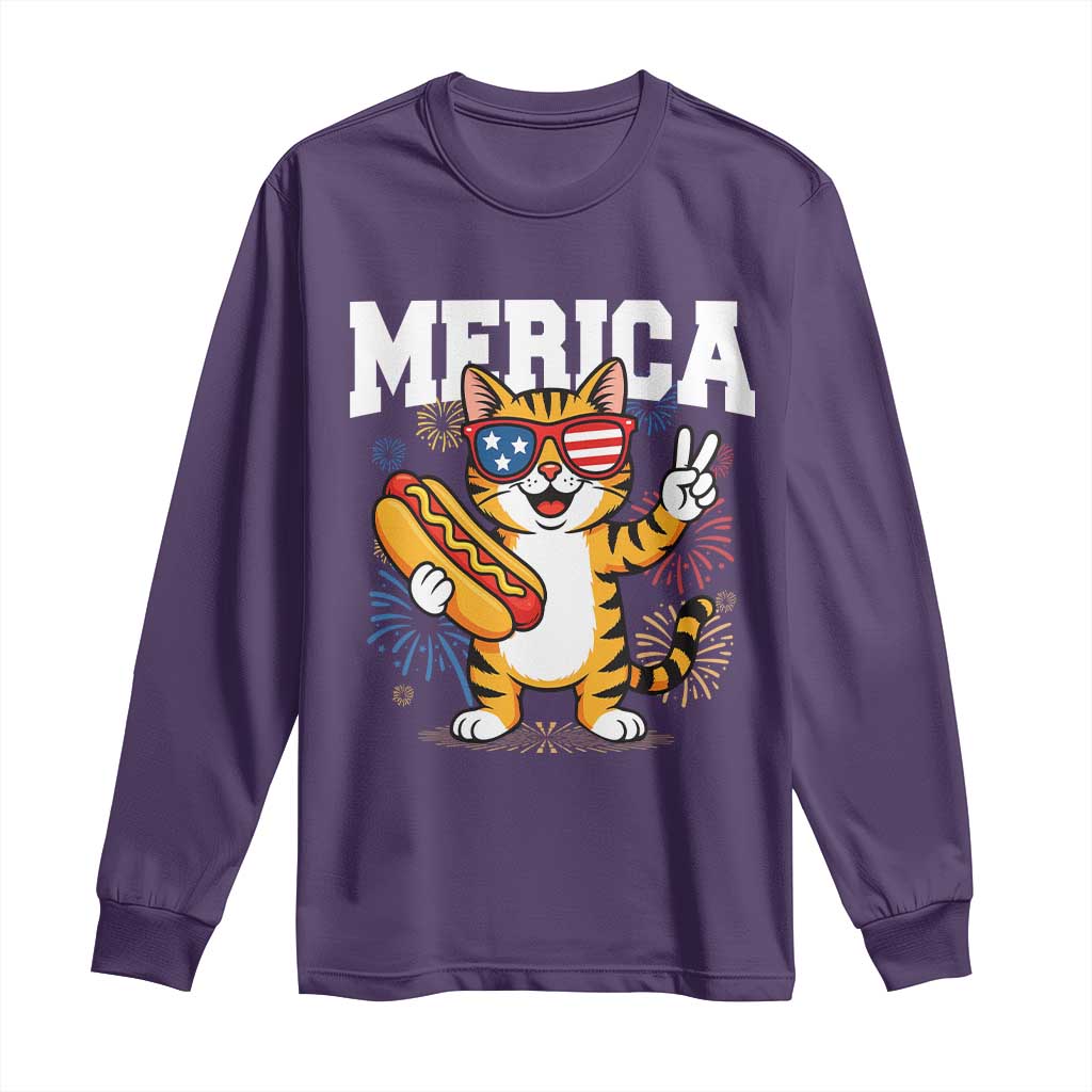 Merica Cat Long Sleeve Shirt Funny 4th of July Hot Dog and Fireworks Patriotic USA Flag TS02 Purple Print Your Wear