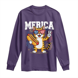 Merica Cat Long Sleeve Shirt Funny 4th of July Hot Dog and Fireworks Patriotic USA Flag TS02 Purple Print Your Wear