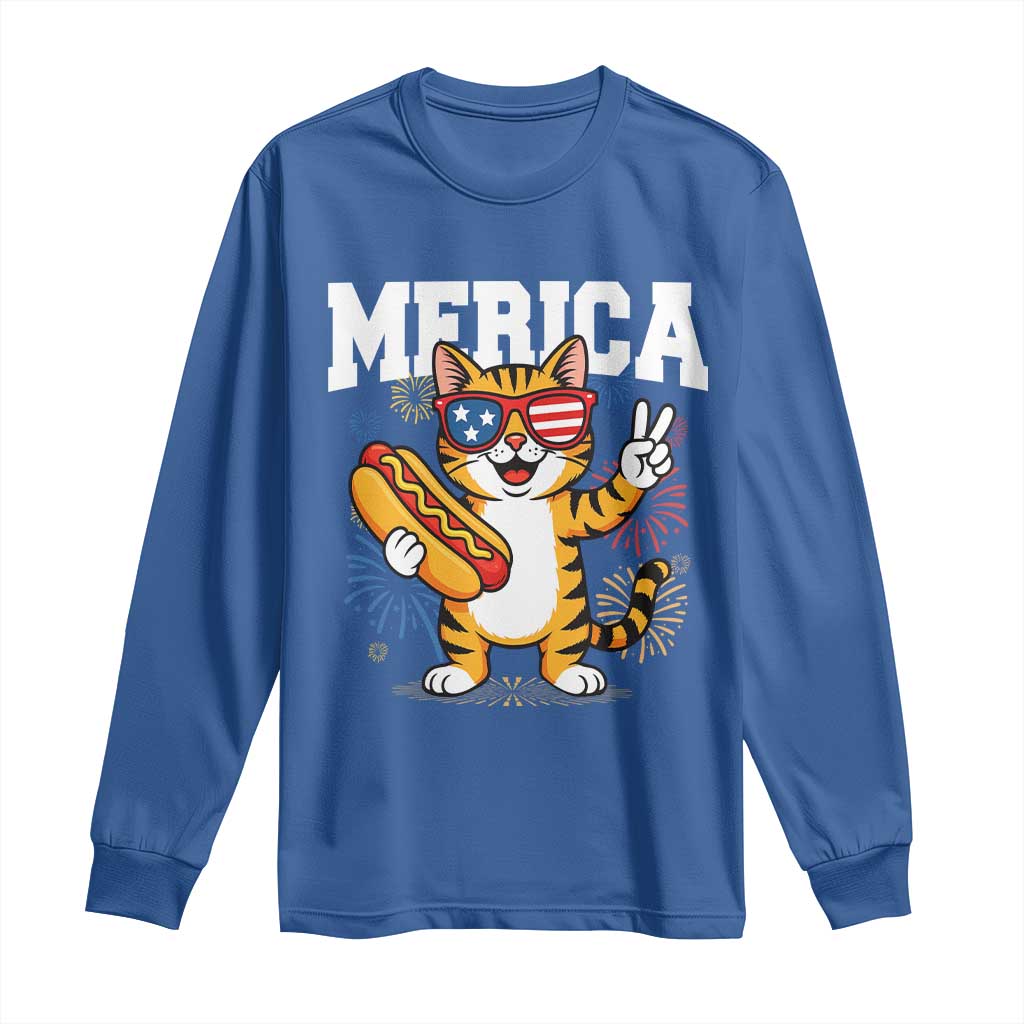 Merica Cat Long Sleeve Shirt Funny 4th of July Hot Dog and Fireworks Patriotic USA Flag TS02 Royal Blue Print Your Wear