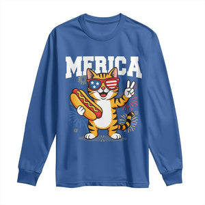 Merica Cat Long Sleeve Shirt Funny 4th of July Hot Dog and Fireworks Patriotic USA Flag TS02 Royal Blue Print Your Wear