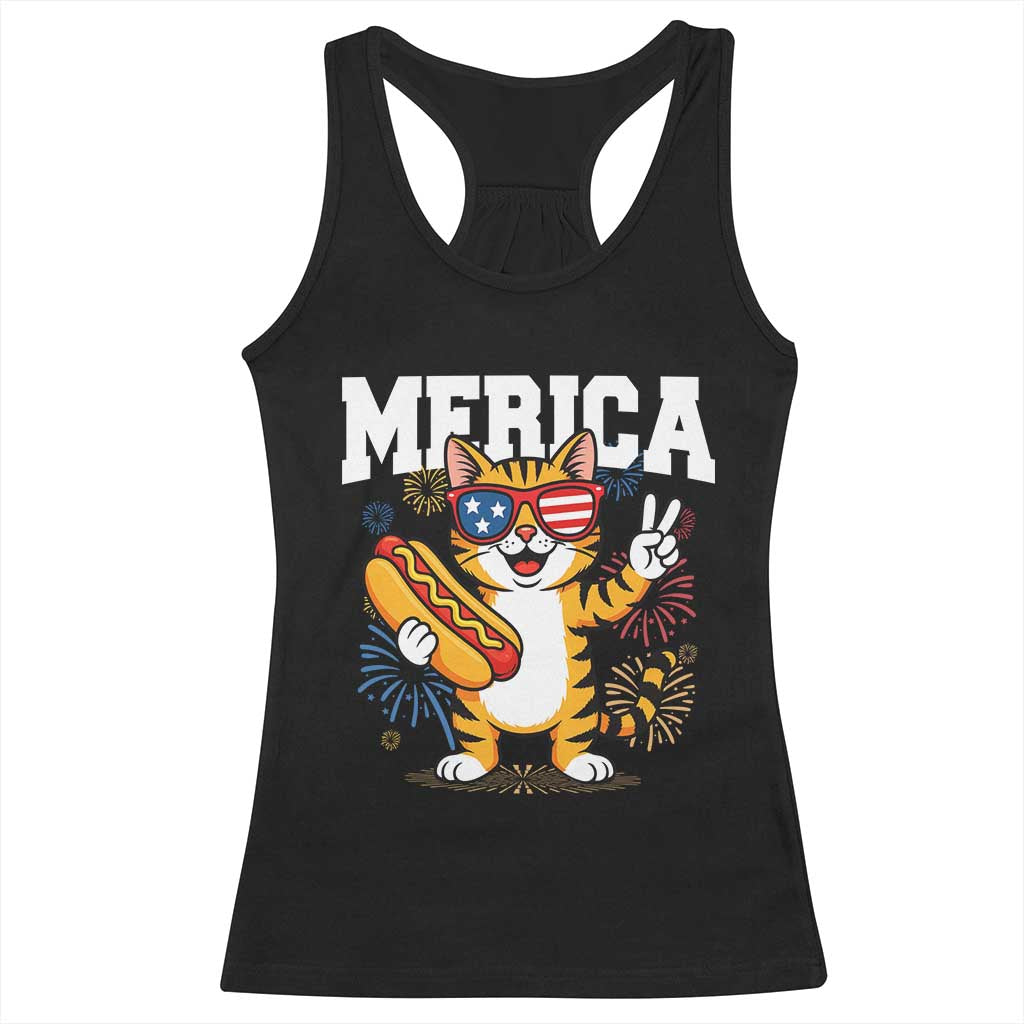 Merica Cat Racerback Tank Top Funny 4th of July Hot Dog and Fireworks Patriotic USA Flag TS02 Black Print Your Wear