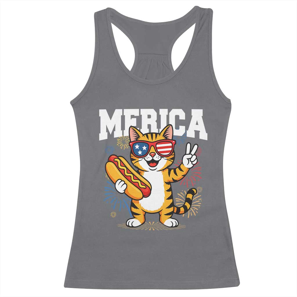 Merica Cat Racerback Tank Top Funny 4th of July Hot Dog and Fireworks Patriotic USA Flag TS02 Charcoal Print Your Wear