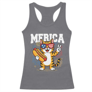 Merica Cat Racerback Tank Top Funny 4th of July Hot Dog and Fireworks Patriotic USA Flag TS02 Charcoal Print Your Wear