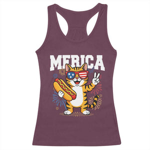 Merica Cat Racerback Tank Top Funny 4th of July Hot Dog and Fireworks Patriotic USA Flag TS02 Maroon Print Your Wear