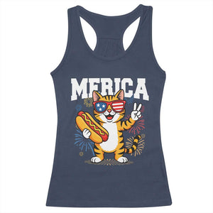 Merica Cat Racerback Tank Top Funny 4th of July Hot Dog and Fireworks Patriotic USA Flag TS02 Navy Print Your Wear
