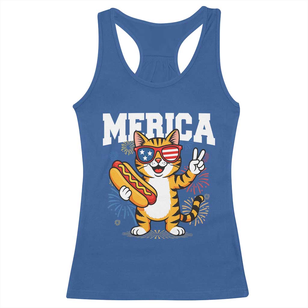 Merica Cat Racerback Tank Top Funny 4th of July Hot Dog and Fireworks Patriotic USA Flag TS02 Royal Blue Print Your Wear
