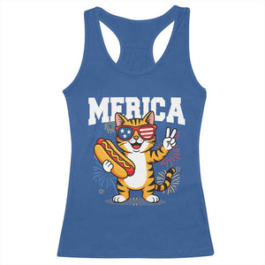 Merica Cat Racerback Tank Top Funny 4th of July Hot Dog and Fireworks Patriotic USA Flag TS02 Royal Blue Print Your Wear