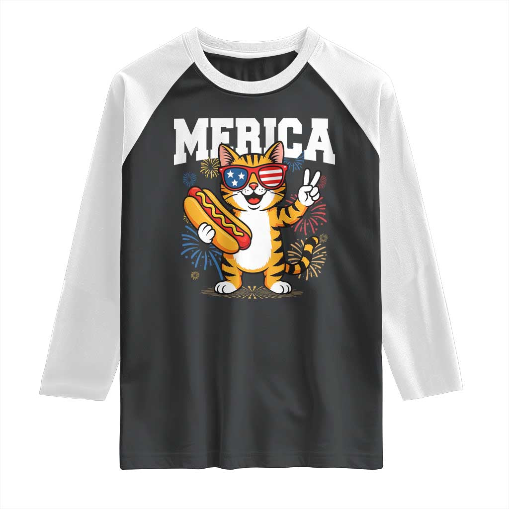 Merica Cat Raglan Shirt Funny 4th of July Hot Dog and Fireworks Patriotic USA Flag TS02 Black White Print Your Wear