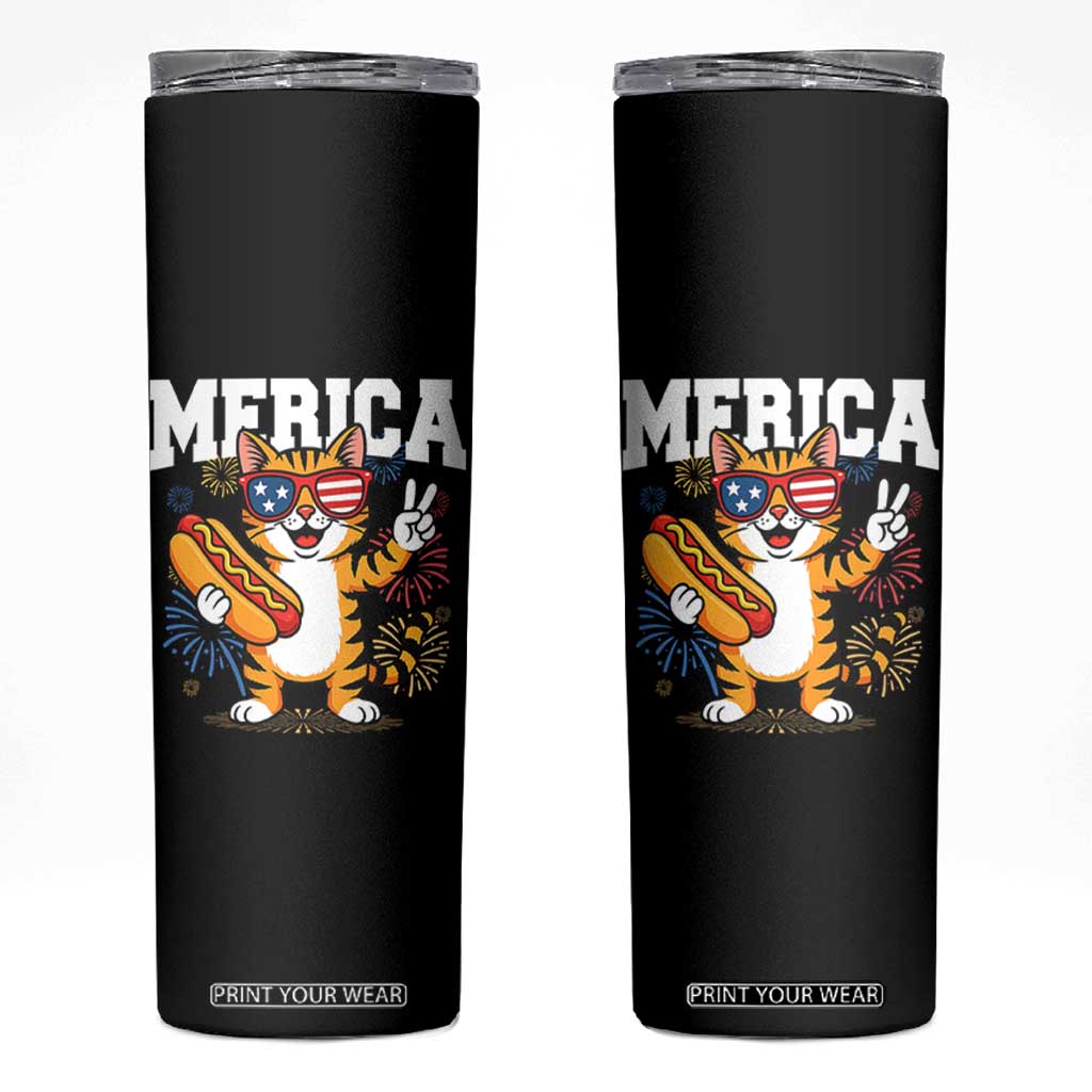 Merica Cat Skinny Tumbler Funny 4th of July Hot Dog and Fireworks Patriotic USA Flag TS02 Black Print Your Wear