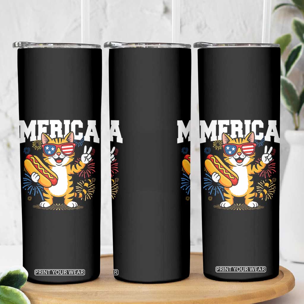Merica Cat Skinny Tumbler Funny 4th of July Hot Dog and Fireworks Patriotic USA Flag TS02 Print Your Wear