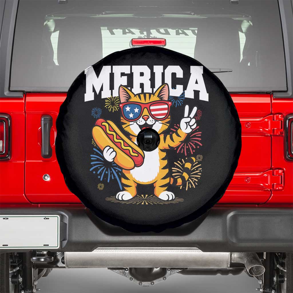 Merica Cat Spare Tire Cover Funny 4th of July Hot Dog and Fireworks Patriotic USA Flag TS02 Black Print Your Wear