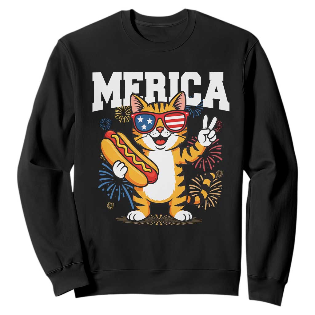 Merica Cat Sweatshirt Funny 4th of July Hot Dog and Fireworks Patriotic USA Flag TS02 Black Print Your Wear