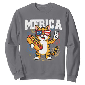 Merica Cat Sweatshirt Funny 4th of July Hot Dog and Fireworks Patriotic USA Flag TS02 Charcoal Print Your Wear