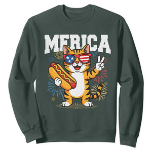 Merica Cat Sweatshirt Funny 4th of July Hot Dog and Fireworks Patriotic USA Flag TS02 Dark Forest Green Print Your Wear