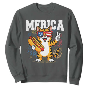 Merica Cat Sweatshirt Funny 4th of July Hot Dog and Fireworks Patriotic USA Flag TS02 Dark Heather Print Your Wear