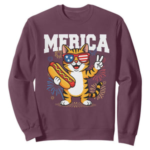Merica Cat Sweatshirt Funny 4th of July Hot Dog and Fireworks Patriotic USA Flag TS02 Maroon Print Your Wear