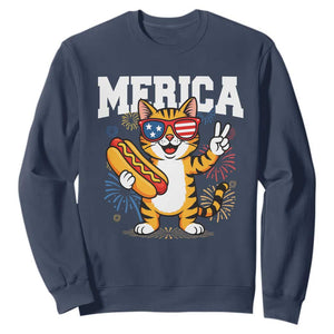 Merica Cat Sweatshirt Funny 4th of July Hot Dog and Fireworks Patriotic USA Flag TS02 Navy Print Your Wear
