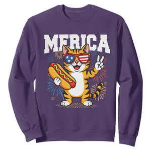 Merica Cat Sweatshirt Funny 4th of July Hot Dog and Fireworks Patriotic USA Flag TS02 Purple Print Your Wear