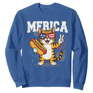 Merica Cat Sweatshirt Funny 4th of July Hot Dog and Fireworks Patriotic USA Flag TS02 Royal Blue Print Your Wear