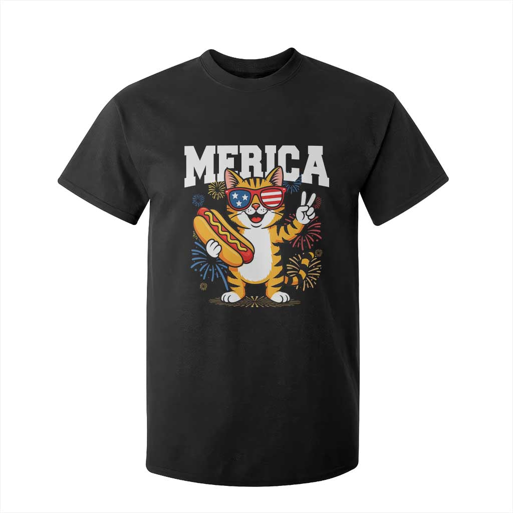 Merica Cat T Shirt For Kid Funny 4th of July Hot Dog and Fireworks Patriotic USA Flag TS02 Black Print Your Wear