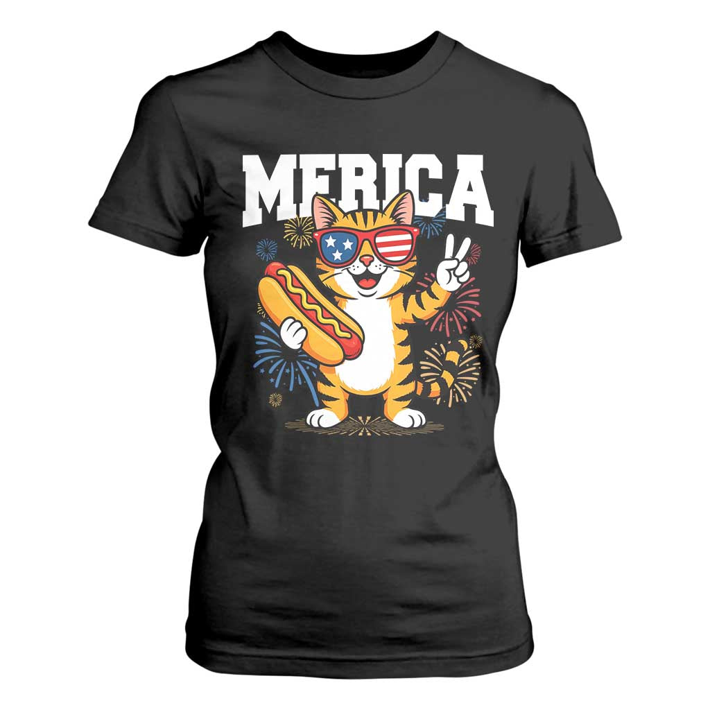 Merica Cat T Shirt For Women Funny 4th of July Hot Dog and Fireworks Patriotic USA Flag TS02 Black Print Your Wear
