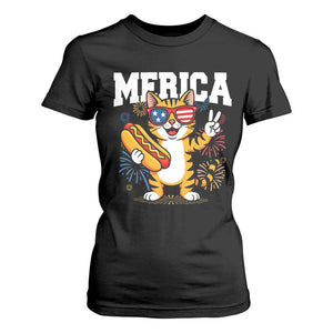 Merica Cat T Shirt For Women Funny 4th of July Hot Dog and Fireworks Patriotic USA Flag TS02 Black Print Your Wear