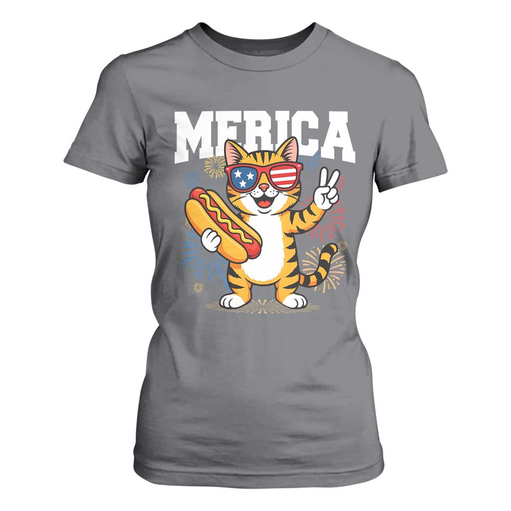 Merica Cat T Shirt For Women Funny 4th of July Hot Dog and Fireworks Patriotic USA Flag TS02 Charcoal Print Your Wear