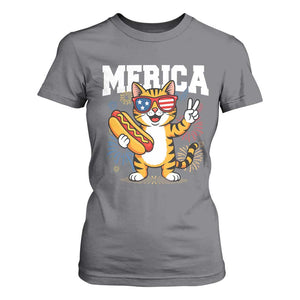 Merica Cat T Shirt For Women Funny 4th of July Hot Dog and Fireworks Patriotic USA Flag TS02 Charcoal Print Your Wear