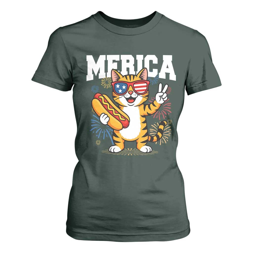 Merica Cat T Shirt For Women Funny 4th of July Hot Dog and Fireworks Patriotic USA Flag TS02 Dark Forest Green Print Your Wear