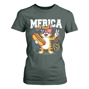 Merica Cat T Shirt For Women Funny 4th of July Hot Dog and Fireworks Patriotic USA Flag TS02 Dark Forest Green Print Your Wear