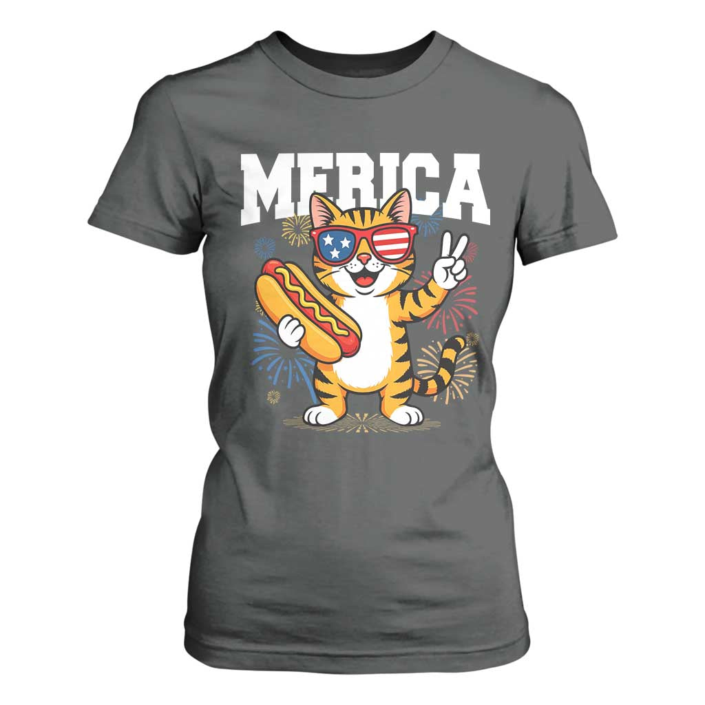 Merica Cat T Shirt For Women Funny 4th of July Hot Dog and Fireworks Patriotic USA Flag TS02 Dark Heather Print Your Wear