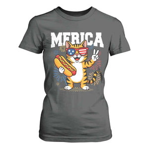 Merica Cat T Shirt For Women Funny 4th of July Hot Dog and Fireworks Patriotic USA Flag TS02 Dark Heather Print Your Wear