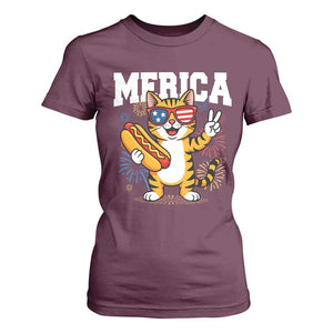 Merica Cat T Shirt For Women Funny 4th of July Hot Dog and Fireworks Patriotic USA Flag TS02 Maroon Print Your Wear