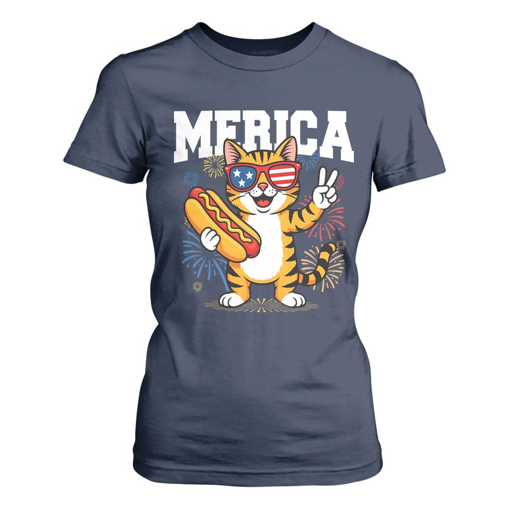 Merica Cat T Shirt For Women Funny 4th of July Hot Dog and Fireworks Patriotic USA Flag TS02 Navy Print Your Wear