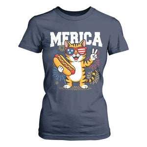 Merica Cat T Shirt For Women Funny 4th of July Hot Dog and Fireworks Patriotic USA Flag TS02 Navy Print Your Wear
