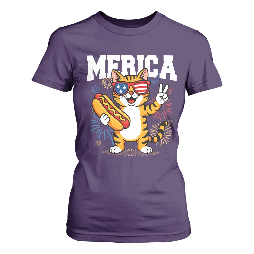 Merica Cat T Shirt For Women Funny 4th of July Hot Dog and Fireworks Patriotic USA Flag TS02 Purple Print Your Wear