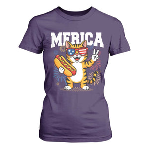 Merica Cat T Shirt For Women Funny 4th of July Hot Dog and Fireworks Patriotic USA Flag TS02 Purple Print Your Wear
