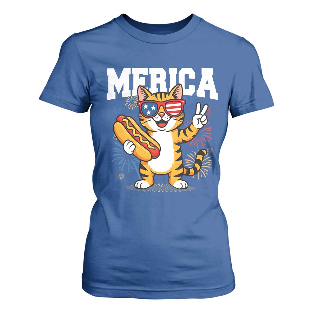 Merica Cat T Shirt For Women Funny 4th of July Hot Dog and Fireworks Patriotic USA Flag TS02 Royal Blue Print Your Wear