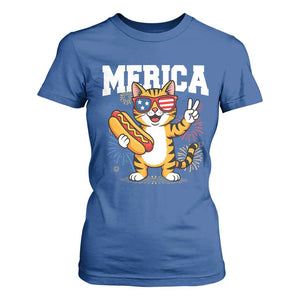 Merica Cat T Shirt For Women Funny 4th of July Hot Dog and Fireworks Patriotic USA Flag TS02 Royal Blue Print Your Wear