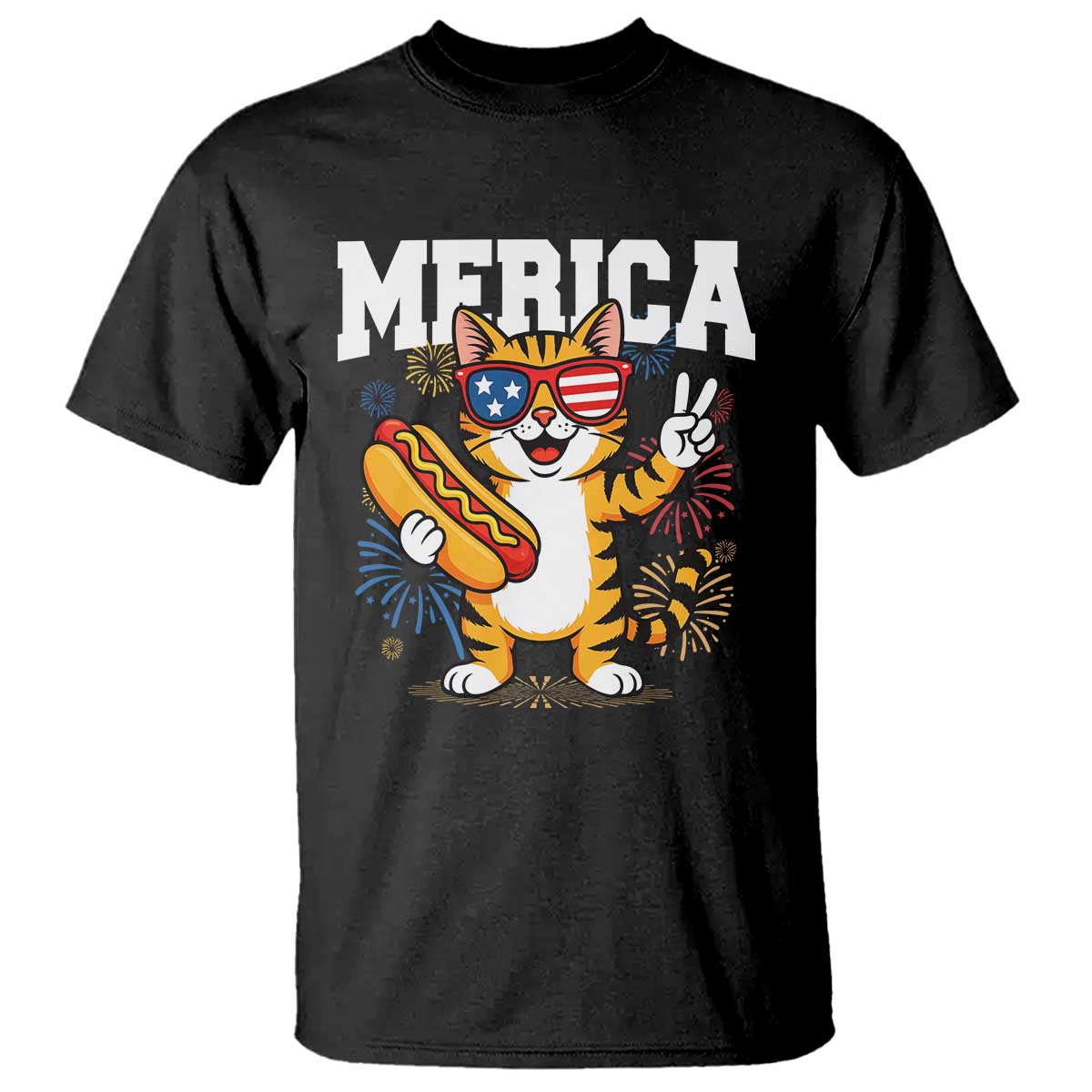 Merica Cat T Shirt Funny 4th of July Hot Dog and Fireworks Patriotic USA Flag TS02 Black Print Your Wear