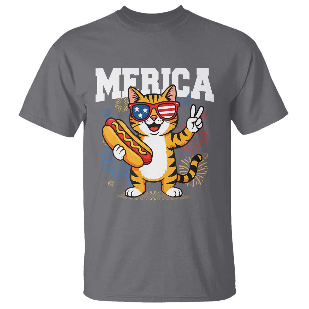 Merica Cat T Shirt Funny 4th of July Hot Dog and Fireworks Patriotic USA Flag TS02 Charcoal Print Your Wear