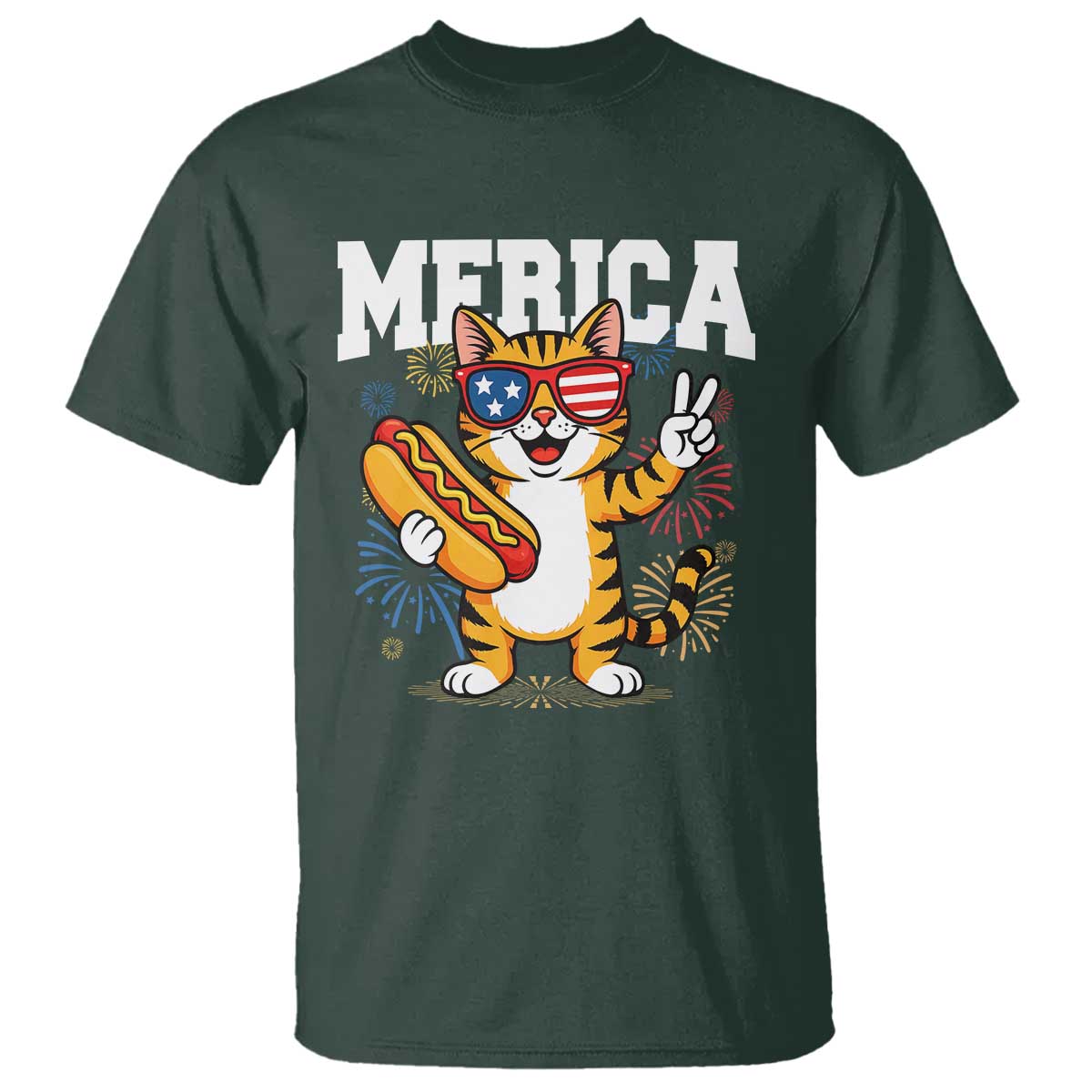 Merica Cat T Shirt Funny 4th of July Hot Dog and Fireworks Patriotic USA Flag TS02 Dark Forest Green Print Your Wear