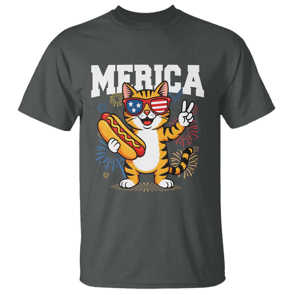 Merica Cat T Shirt Funny 4th of July Hot Dog and Fireworks Patriotic USA Flag TS02 Dark Heather Print Your Wear