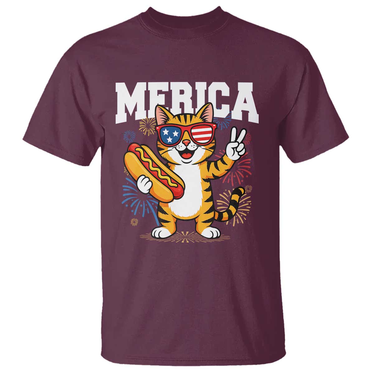 Merica Cat T Shirt Funny 4th of July Hot Dog and Fireworks Patriotic USA Flag TS02 Maroon Print Your Wear
