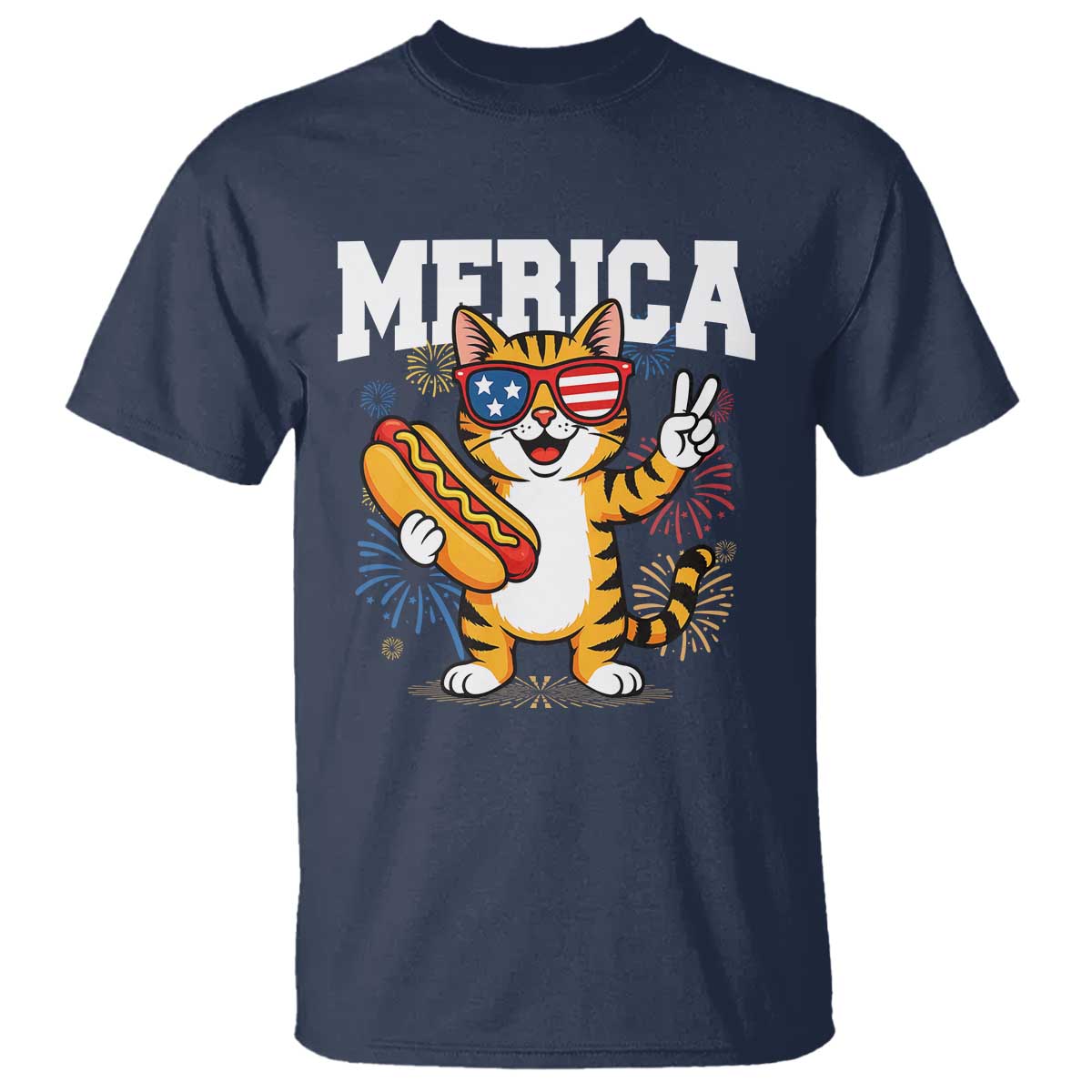 Merica Cat T Shirt Funny 4th of July Hot Dog and Fireworks Patriotic USA Flag TS02 Navy Print Your Wear