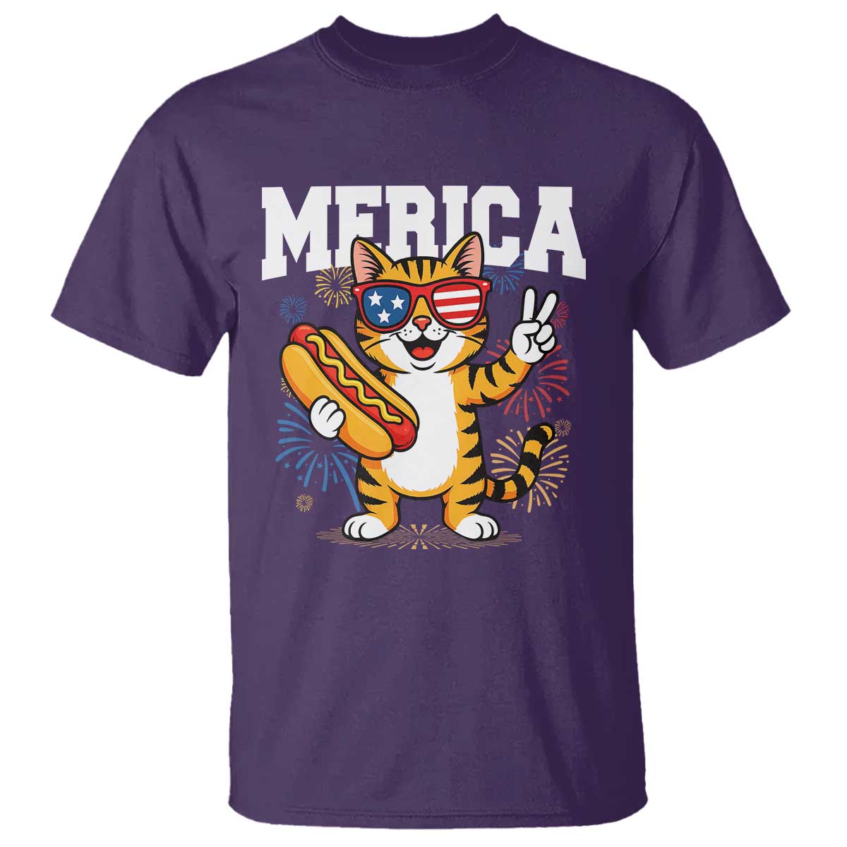 Merica Cat T Shirt Funny 4th of July Hot Dog and Fireworks Patriotic USA Flag TS02 Purple Print Your Wear