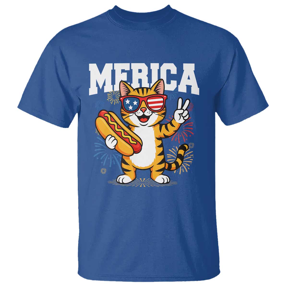 Merica Cat T Shirt Funny 4th of July Hot Dog and Fireworks Patriotic USA Flag TS02 Royal Blue Print Your Wear