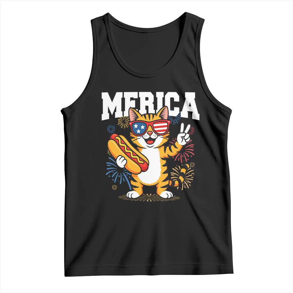 Merica Cat Tank Top Funny 4th of July Hot Dog and Fireworks Patriotic USA Flag TS02 Black Print Your Wear