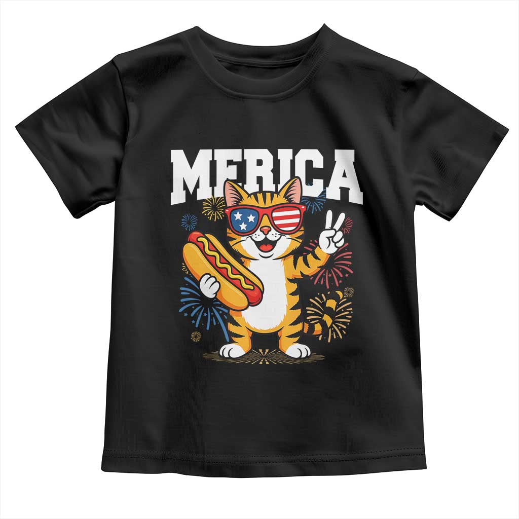 Merica Cat Toddler T Shirt Funny 4th of July Hot Dog and Fireworks Patriotic USA Flag TS02 Black Print Your Wear